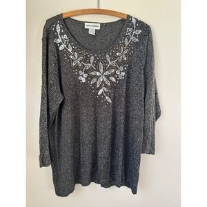 Cathy Daniels Women's Plus1X Sequin Beaded Embellished Long Sleeve Top